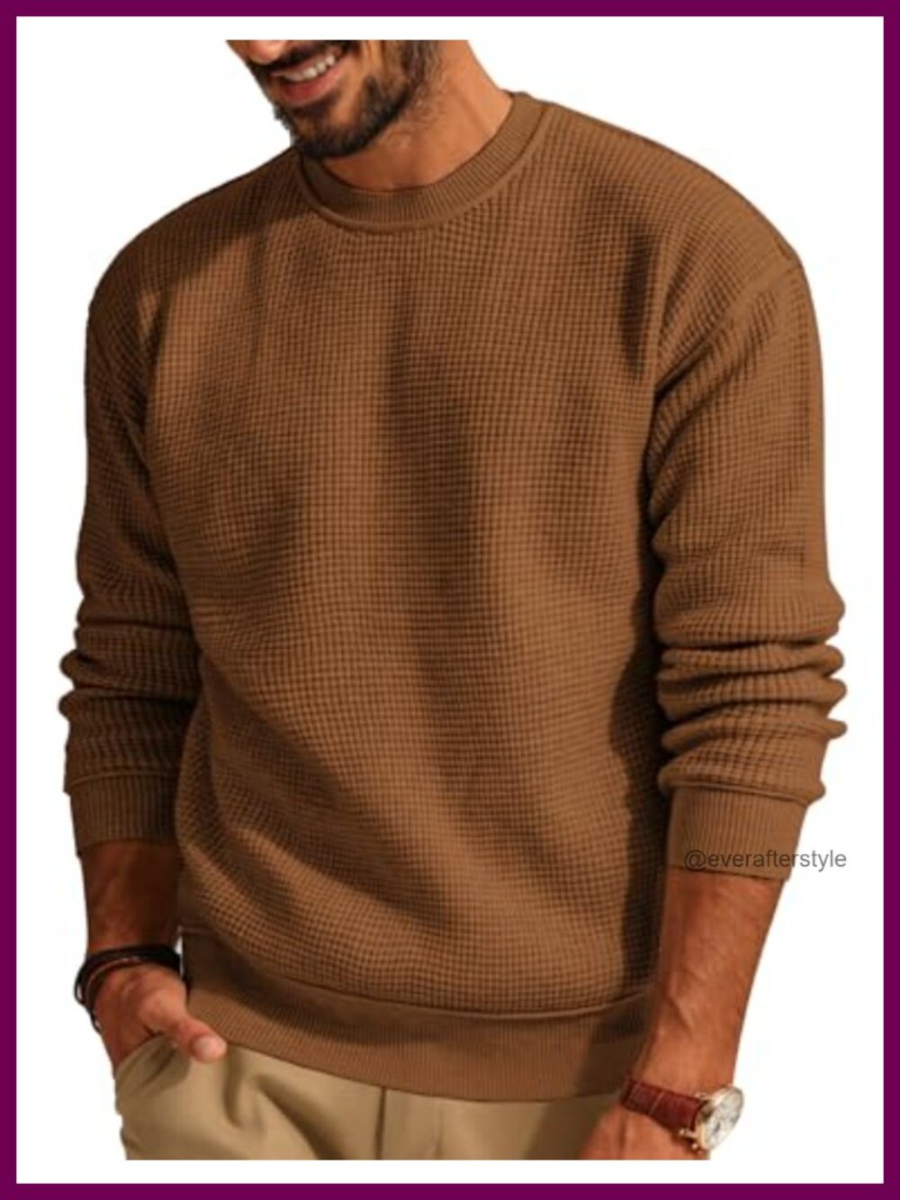 Mens Waffle Knit Sweater Crewneck Pullover Long Sleeve